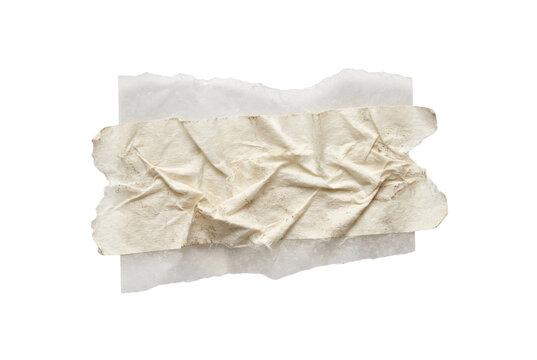 Torn masking tape piece layered on white paper, crumpled dirty washi tape texture, vintage grunge adhesive strip mockup