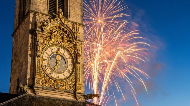 Bright fireworks exploding behind an ornate historic clock tower at night