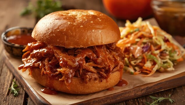 BBQ chicken sandwich on brioche with coleslaw and sauce.