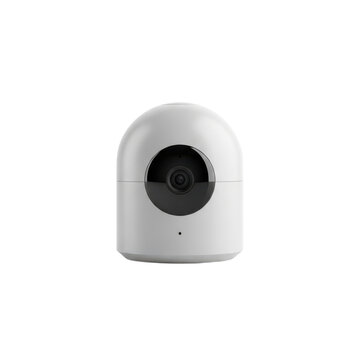 Modern white indoor smart camera with sleek rounded design and central lens against clean white background