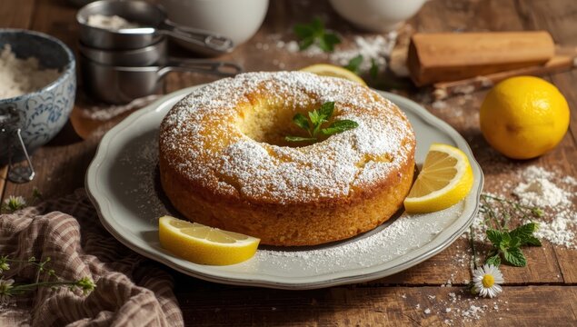 Sequential recipe. Baked pie or semolina cake on a plate with lemon wedges and mint. Homemade dish idea.