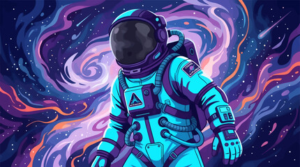 Astronaut in Bright Cyan and Dark Purple Spacesuit Floating in Cosmic Nebula, Stylized Vector Illustration of Space Explorer Against Swirling Galaxy Background with Stars and Smoky Gas Clouds © Suhandistudio