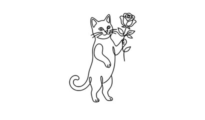 Fototapeta premium Continuous One Line Drawing Cat Holding Rose Full Length Self Drawing Animation Vector Illustration Isolated on White Background