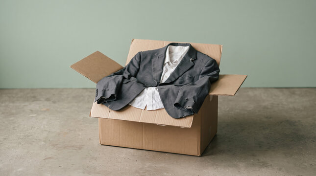 Business Suit Packed in Cardboard Box, Job Loss, Layoff and Career Transition Concept