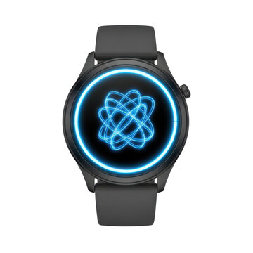 Modern smartwatch with glowing blue atomic symbol on dark circular face