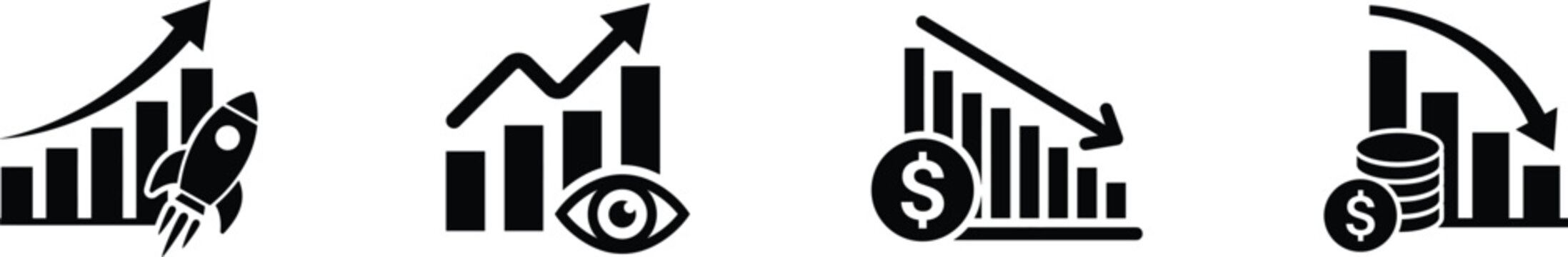 Business growth and finance decline chart icons with rocket and money symbols business investment
