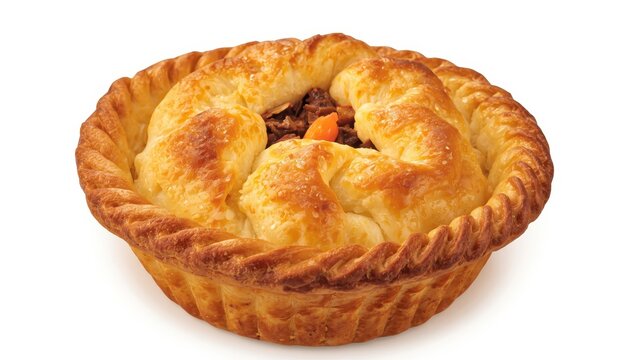 Beef and carrot-filled puff pastry pie on white background.