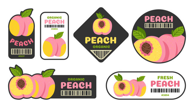 Peach fruit barcode label set. Trendy retro badges with organic fresh quality tag for supermarket, farm shop and grocery store packaging. Cartoon flat sticker design. Vector illustration art