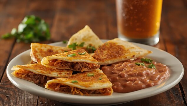 Beef and cheese quesadillas served with refried beans and beer.