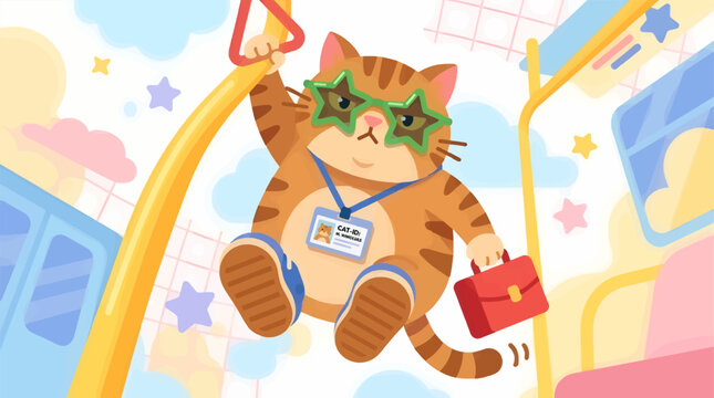 Cute Tabby Cat Wearing Star Glasses and Employee ID Badge, Holding Briefcase, Riding Public Transport with Clouds and Stars Background, Playful Flat Illustration