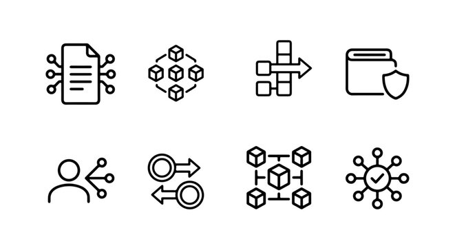 Blockchain and distributed network line icon set