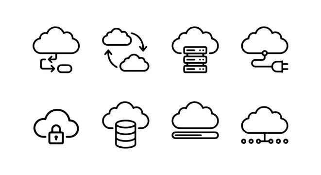 Cloud computing and data infrastructure line icon set