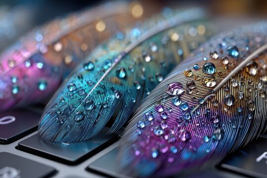 Colorful feathers with water droplets resting on a keyboard at close range in a bright environment