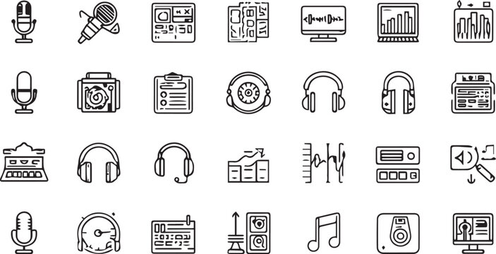 Podcast and audio recording icons set. Music production, radio broadcasting, and sound engineering line icon collection Studio microphone headphones audio wave and sound mixer outline vector illus