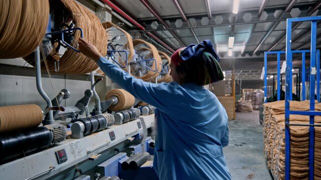 A female worker checks a large yarn spool beside machinery in a textile production facility. This video frame shows yarn winding, factory workflow, quality control, and an industrial work environment.