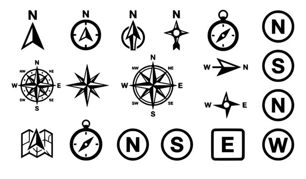 Compass symbol and north arrow icon vector set