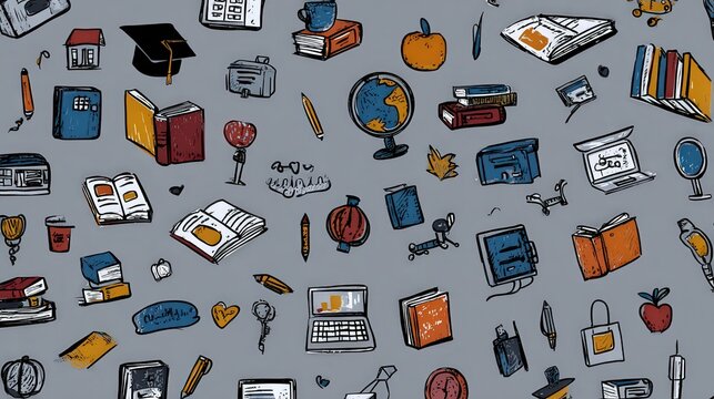 Online education seamless web banner. Distance learning doodles on grey background. Vector illustration.