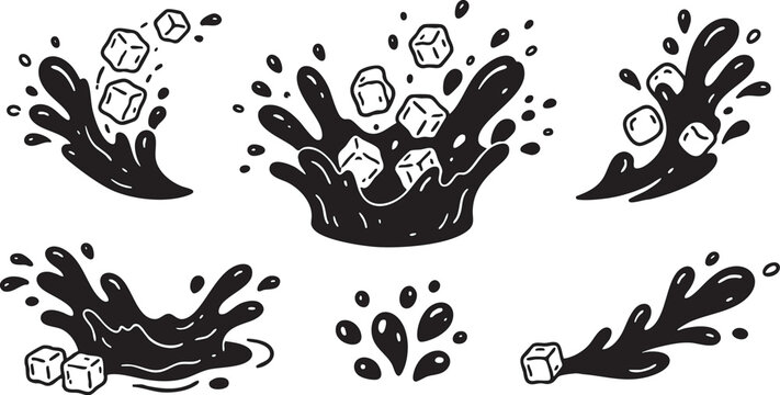 Vector ice cube splashes black liquid graphic illustration set