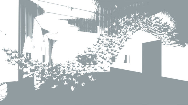 Flock of origami cranes flying out of abstract building, minimalist design