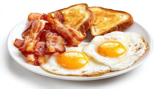 plate of fried eggs, bacon and toast isolated on white background.