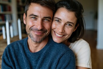 Fototapeta premium Closeup smiling couple at home showing affection and warmth for romantic banner design and cozy relationship background