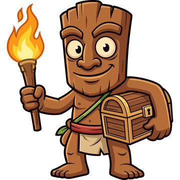 Groot holds a torch and a treasure chest in a cartoon scene.