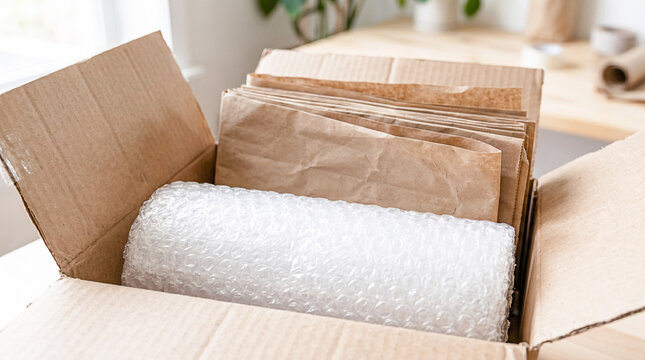 Open cardboard box with kraft paper bags and bubble wrap on a bright table, close-up of reusable packaging materials in a home setting. Concept of sustainable packaging, reuse and waste reduction