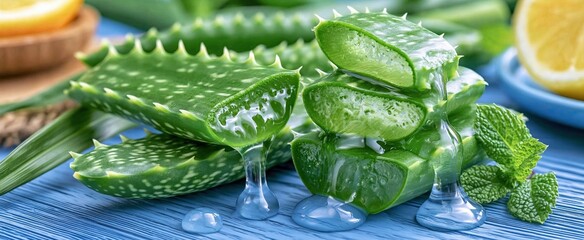 Obraz premium In a bright setting, fresh aloe vera leaves reveal clear gel, highlighting natural skincare and organic wellness.