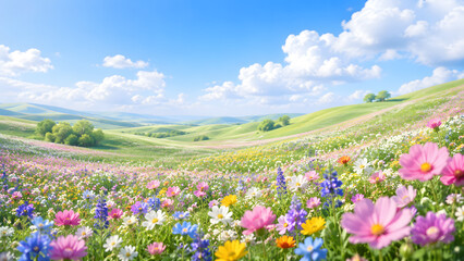 Obraz premium Flower Meadow With Pastel Hills