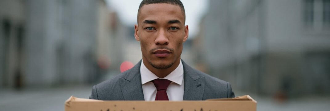 Professional man holding a minimum wage protest sign in a blurred urban street for advocacy banner and labor rights campaign background