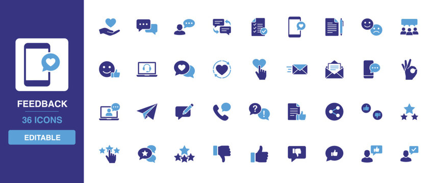 Feedback icon set packed with customer review ratings, survey questionnaires, user testimonials, service satisfaction ratings and modern client support glyph designs.