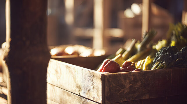 crate. Fresh vegetables neatly arranged in a rustic wooden crate with natural sunlight. menu design, packaging mockups, designed for food delivery and cloud-kitchen brand materials.
