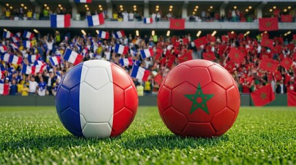 Obraz premium Two soccer balls with flags of france and morocco on stadium grass before a match, football championship tournament.