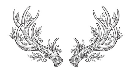 Boho deer antlers with floral ornaments, hand drawn tribal reindeer horns vector, decorative forest animal headpiece for wedding invitations and tattoos © Rehana