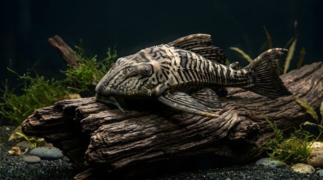Pleco fish resting on driftwood in a freshwater aquarium