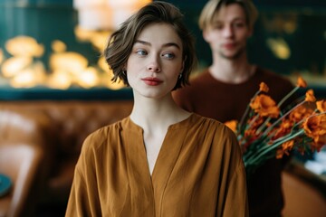 Fototapeta premium Young woman with flowers behind her in a cozy cafe portrait for lifestyle banner and background
