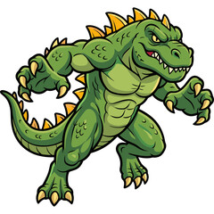 Fototapeta premium A cartoon dinosaur creature with sharp teeth and spikes runs on land.