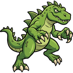 Fototapeta premium A cartoon green dinosaur with sharp teeth and claws is running.
