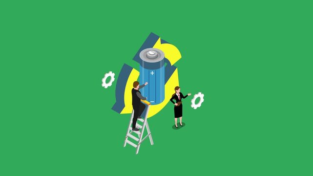 Isometric Battery Recycling Concept with People Managing Renewable Energy and Waste Loop 3d animation cartoon