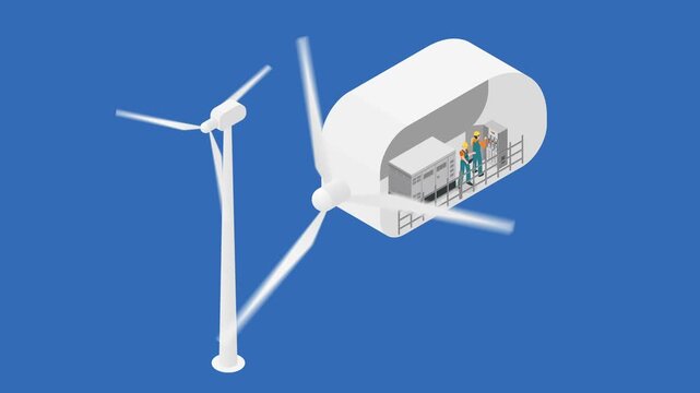 Isometric Wind Turbine Maintenance Concept with Engineers Inside Nacelle Cross Section 3d animation cartoon