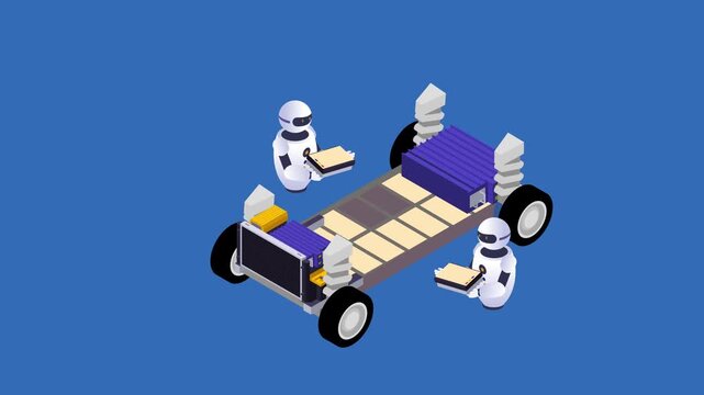 Isometric Electric Vehicle Skateboard Chassis with Automated Robots Assembling Battery Pack 3d animation cartoon