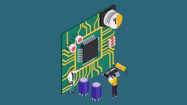 Isometric Printed Circuit Board Engineering Concept with Technicians Assembling Electronic Components 3d animation cartoon