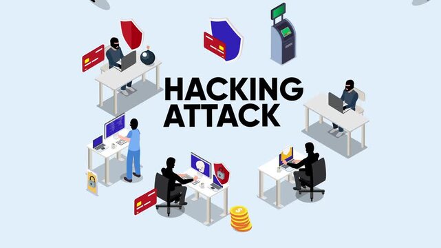 Isometric Cyber Hacking Attack and Financial Data Theft Concept 3d animation cartoon