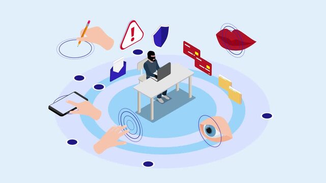 Isometric Hacker Stealing Personal Data and Biometric Information Concept 3d animation cartoon