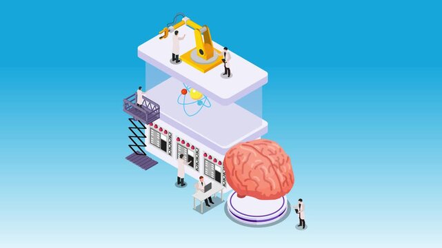 Isometric Artificial Intelligence Lab with Scientists and Robotic Arm 3d animation cartoon