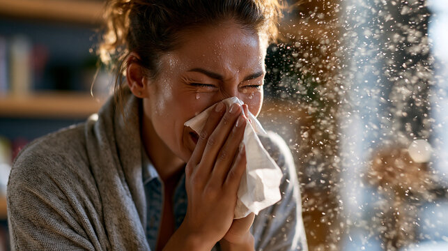Photorealistic candid scene of a woman sneezing dramatically while dusting a bookshelf at home, tissue pressed to her nose, dust particles visible floating in a shaft of sunlight,