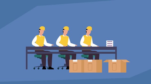 Factory Workers Packaging Boxes on Assembly Line in Warehouse cartoon animation
