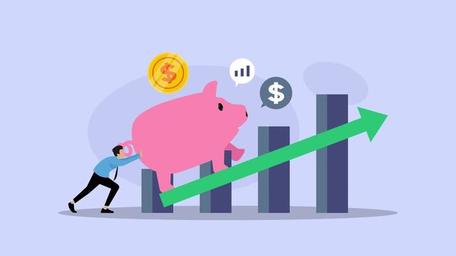 Businessman Pushing Piggy Bank Up Financial Growth Bar Chart cartoon animation