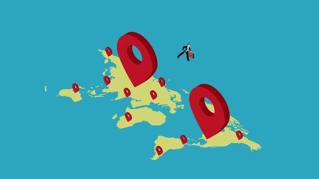 Isometric Businessman Jumping Between Location Pins on World Map 3d animation cartoon