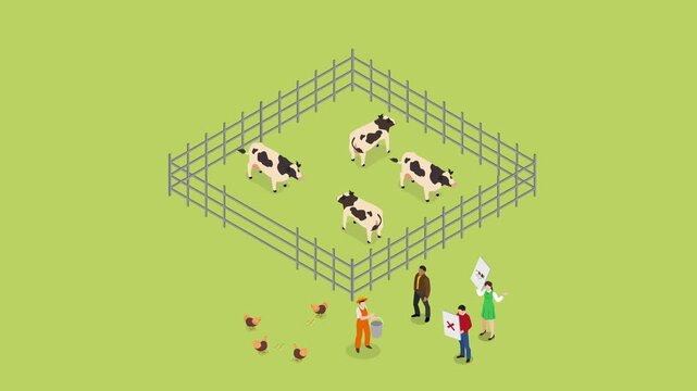 Isometric Activists Protesting Against Factory Farming Near Cattle Paddock 3d animation cartoon